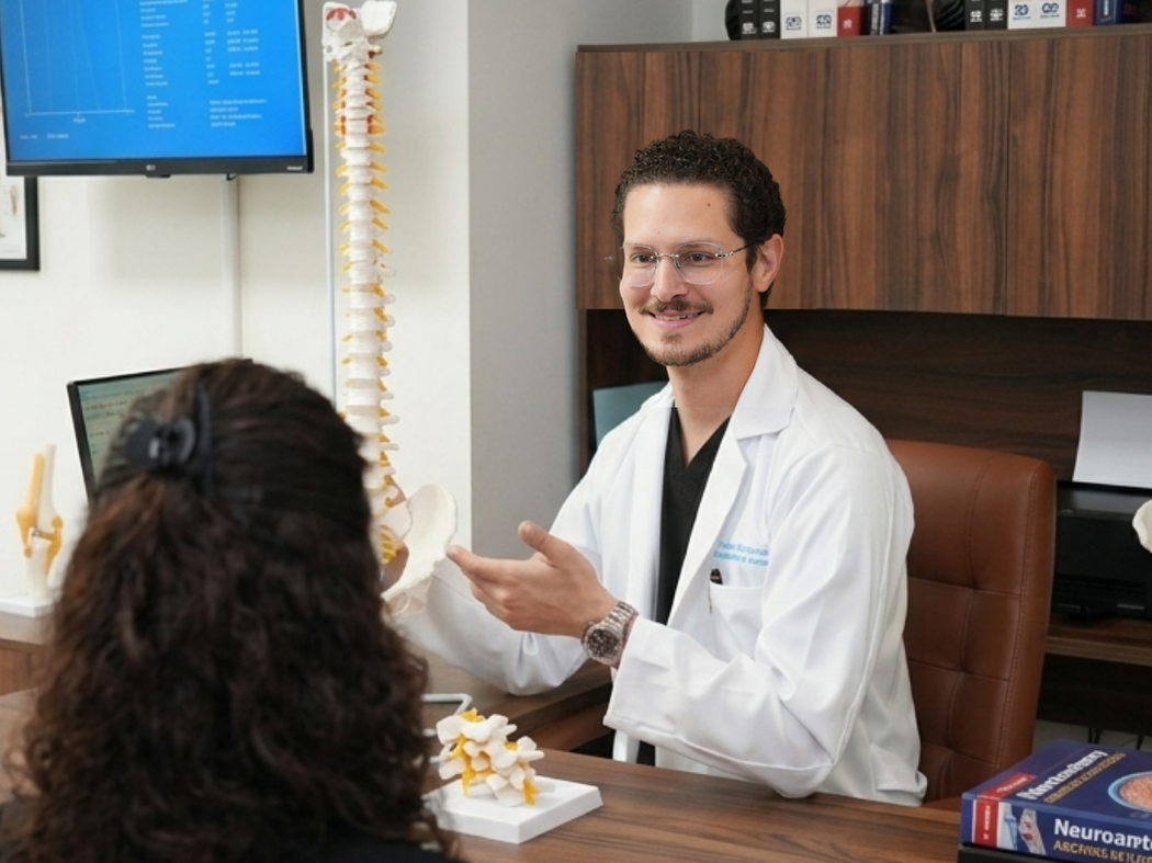 Análisis médico de columna vertebral con modelo anatómico